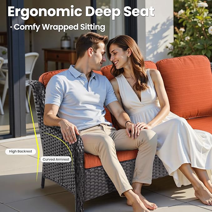 ovios 8 Pieces Patio Furniture Set, Outdoor Wicker Sofa Couch with Swivel Chairs 42" Fire Pit Table, All Weather High Back Modern Conversation Sets, Brown Rattan, Orange Red