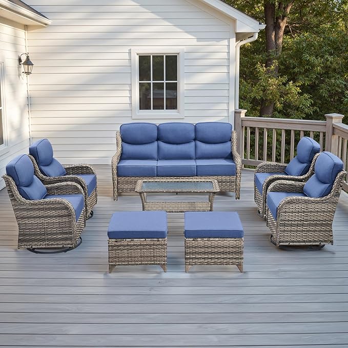 Wicker Outdoor Patio Furniture Set - 8 Piece Patio Conversation Sets with Swivel Rocker Chairs, Ottomans, Sofa and Table, 6 inch Cushions, Deep Seating, for Porch Deck Mixed Grey/Blue