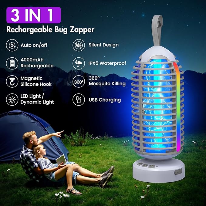 Bug Zapper Outdoor with Colorful Lighting and Auto-Sensing, 3 in 1 Cordless 4000mAh Battery Electric Fly Trap, Rechargeable Mosquito Zapper for Camping, Patios, Garden, Kitchen (1Pack-Grey)