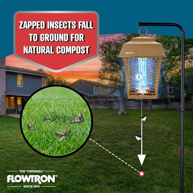 Flowtron Electric Bug Zapper 1/2 Acre Outdoor Insect Control with Dual Lure Method, 15W UV Light & Octenol Attractant for Fly & Mosquito, 5600V Kill Grid, Made in USA, UL Certified - Tan Color