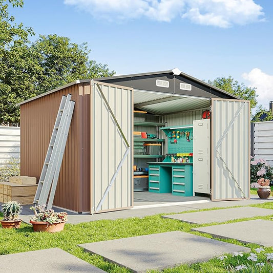 10x10 FT Metal Outdoor Storage Shed, Dual Doors with Lockable Bolts, Large Garden Shed for Yard Tools, Bike, Generator, Waterproof Galvanized Steel Panel with Vent & Sloping Roof (Brown)