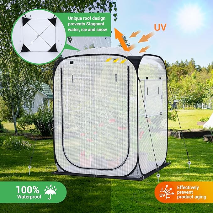 Ohuhu Pop Up House - Fast Set-up Small Greenhouse Walk in Portable Greenhouses Indoor Outdoor with Removable PE Mat & Mesh Window for Protecting Plant from Cold Frost & Birds 48 x 48 x 63.7''