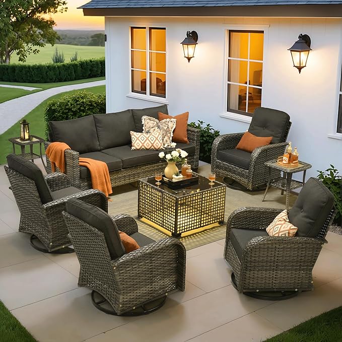 ovios 8 Pieces Patio Furniture Set, Outdoor Wicker Sofa Couch with Rocking Swivel Chairs Solar Lights Table, Modern Deep Seat Rattan Conversation Sets for Porch Deck, Black