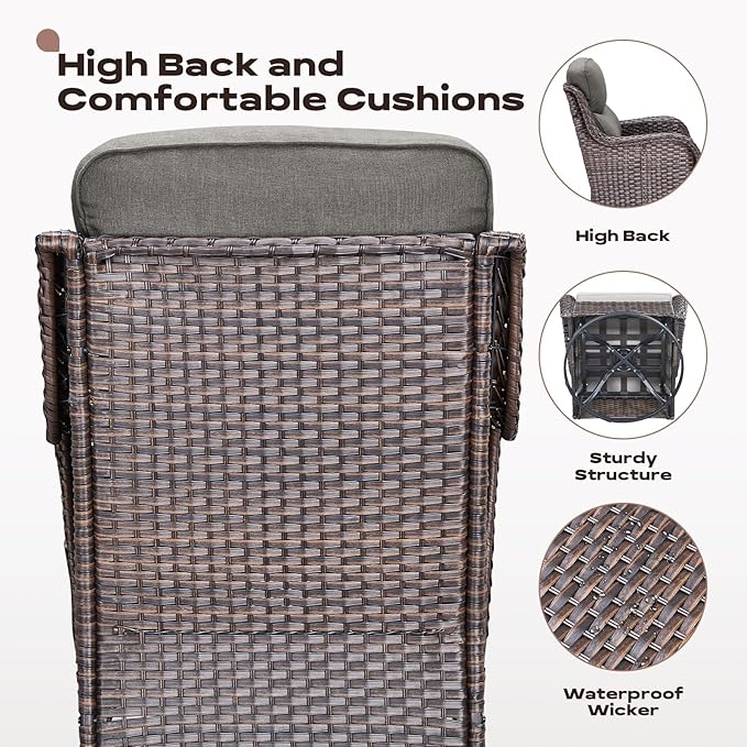 Wicker Outdoor Patio Furniture Set - 4 Piece Patio Conversation Set with Swivel Rocker Chairs and Ottomans, 6 inch Cushions, High Back, Deep Seating, for Porch Deck Garden Brown/Grey