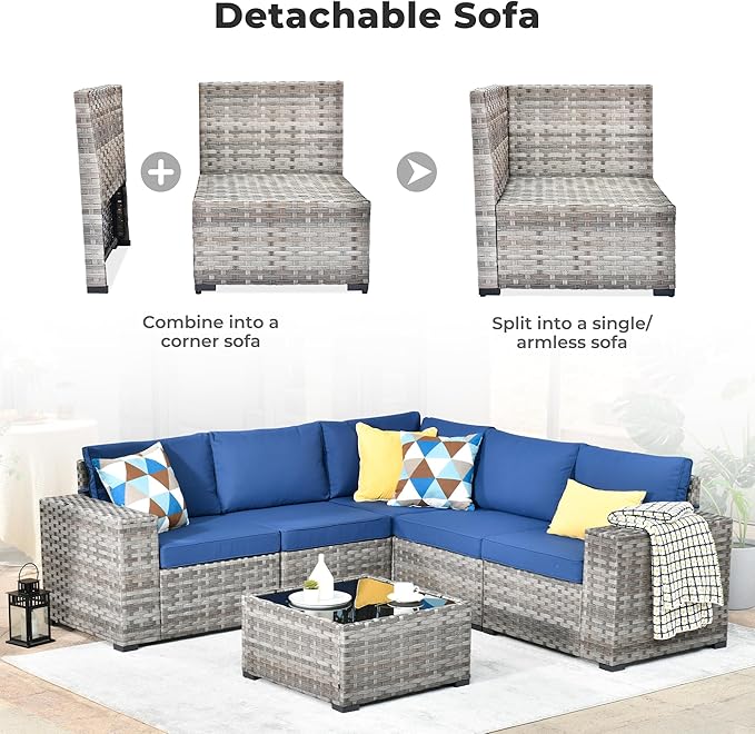 ovios 6 Pieces Patio Furniture Set, Outdoor Wicker Sectional Sofa with Glass Table Comfy Cushions, Modern Modular Deep Seat Couch Rattan Conversation Set, Navy Blue