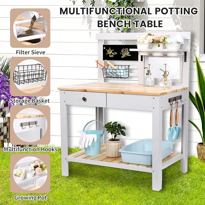 Kids Potting Bench Table Wooden Outdoor Garden Table Work Station Outdoor Garden Work Bench Platform with Removable Sink Hooks 3 Side Flower Pots Natural Wood White Gift for Boys Girls