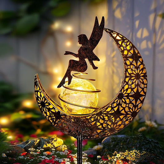 Fairy Garden Solar Lights Outdoor Moon Stakes, Waterproof Outdoor Metal Decor Gifts for Women Mom, Art Moon Sculpture for Yard, Patio, Garden, Porch, 1 Pack