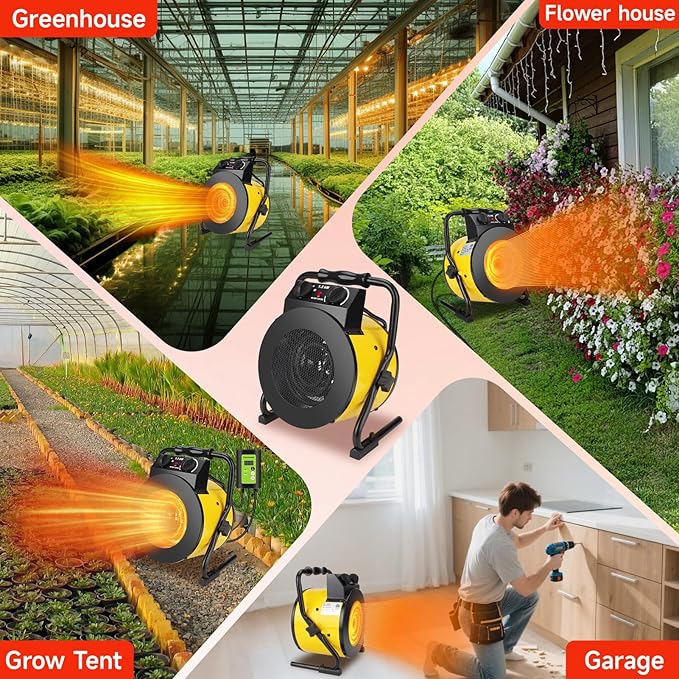 Greenhouse Heater with Digital Thermostat - 1500W Portable Outdoor Heaters for Patio, Fast Heating, Overheat Protection, Electric Space Heater for Greenhouse, Grow Tents, Patio, Yellow