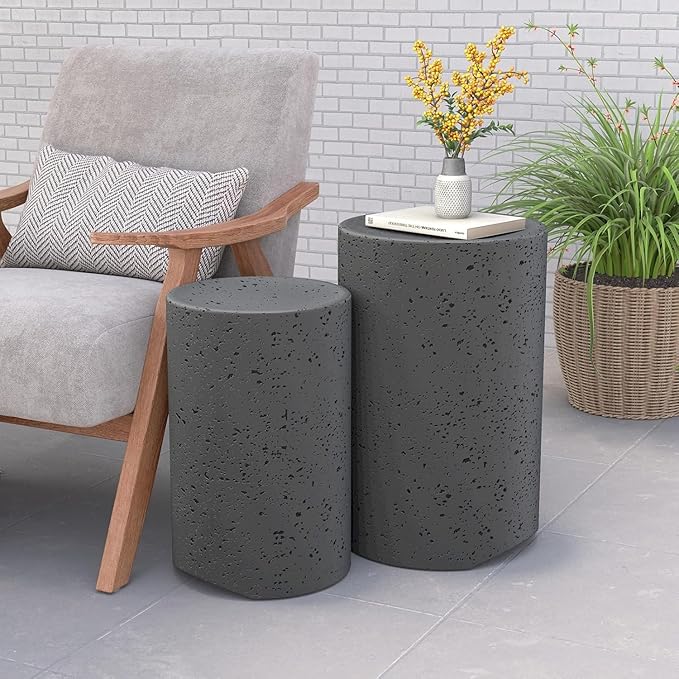 COSIEST Concrete Outdoor Side Table, Set of 2 Round End Tables, Decorative Garden Stools for Indoor Outdoor, Patio Accent Side Table w Spotted, Nesting, Dark Grey