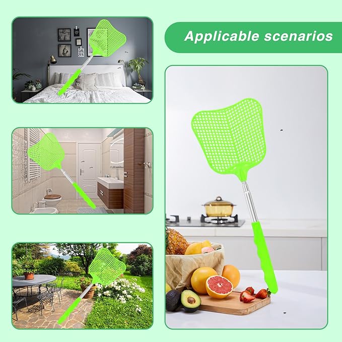 MYSTICHOME Fly Swatter 1 Pack, Durable Heavy Duty Plastic Fly Swatters, Stainless Steel Telescopic FlySwatter for Indoors/Outdoor/Kitchen/Garden (Green)