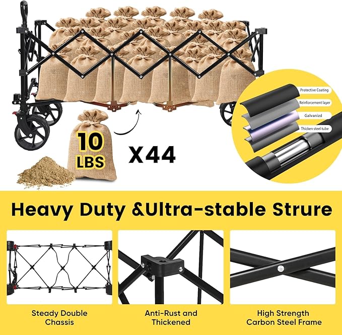 Sekey 48''L Collapsible Foldable Extended Wagon with 440lbs Weight Capacity, Heavy Duty 300L Folding Utility Garden Cart with Big All-Terrain Beach Wheels & Drink Holders. Black