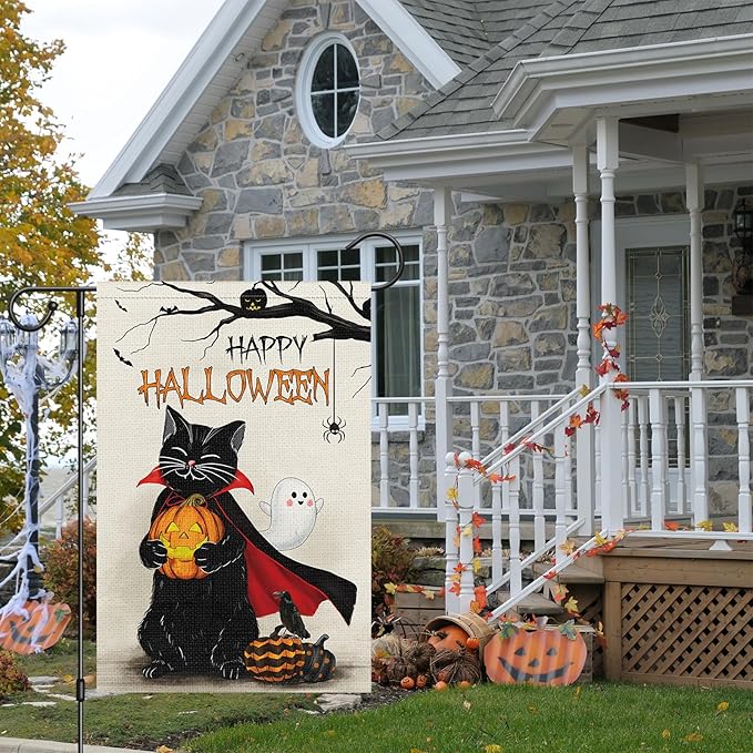Louise Maelys Halloween Black Cat Garden Flag 12x18 Double Sided, Burlap Small Welcome Halloween Spooky Pumpkin Yard House Flags Seasonal Holiday Outdoor Outside Decor (ONLY FLAG)