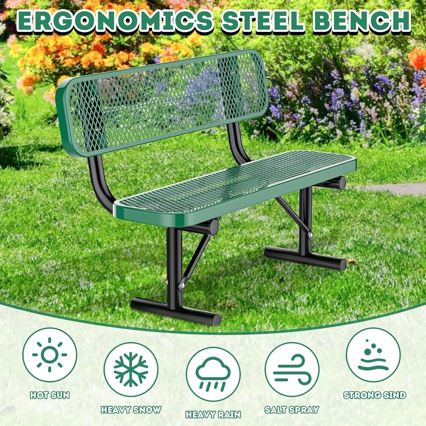 Heavy Duty Park Bench for Outside, Metal Park Bench with Back Portable Frame, Outdoor Steel Mesh Garden Bench with Backrest for Garden, Lawn, Patio, Porch, Park, Yard (Green, 4FT/50INCH)