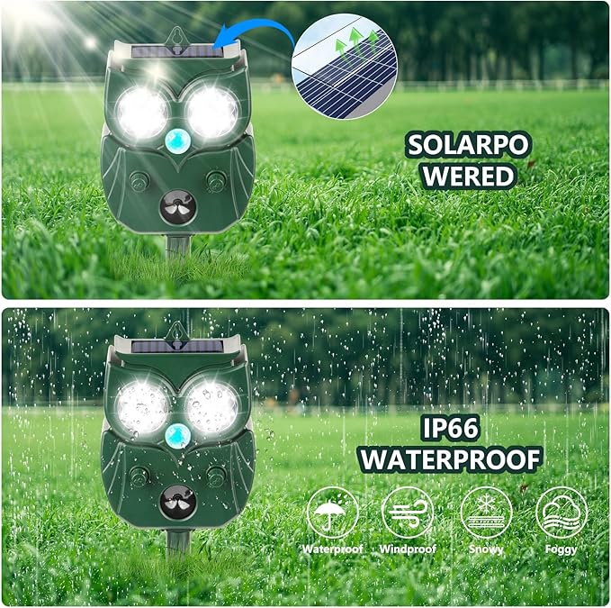 2Pack 2025 Ultrasonic Animal Repellent Outdoor Deer Repellent Devices Solar Animal Repeller Motion Activated Deterrent to Scare Cat Squirrel Rabbit Raccoon Skunk with LED Flash Lights for Yard Lawns