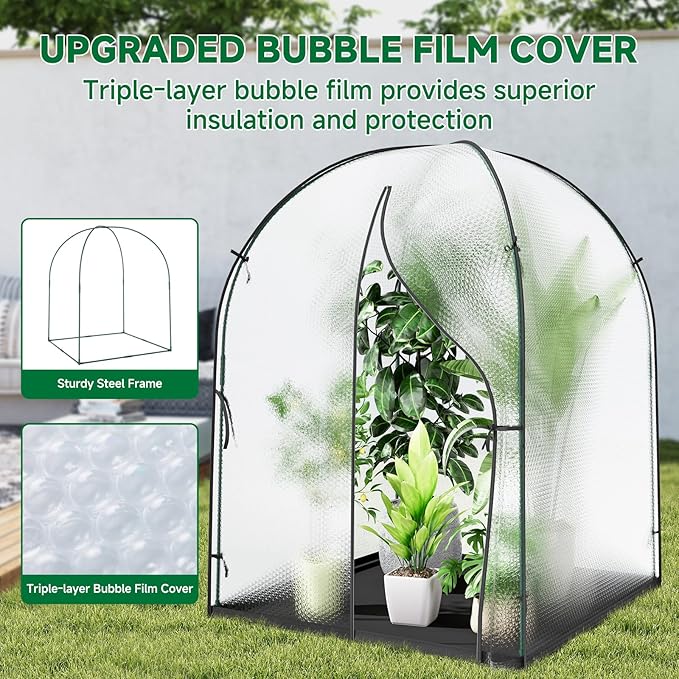 Portable Greenhouse for Outdoors, Green House Tent with Thick Bubble Film Cover, Ground Mat, Zippered Door Walk-in Mini Green House Kit for Outside, 59x59x75 Inch