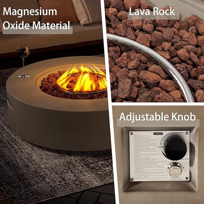 SUNBURY Outdoor 42 Inch Propane Fire Pit Table, Circular Gray Patio Fire Table 50,000 BTU w 20 lbs Tank Cover, Waterproof Cover, Free Lava Rocks