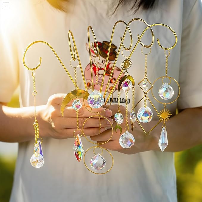 HDCRYSTALGIFTS 6 Pack Small Trellis for Potted Plants Indoor with Colorful Crystal Sun Catcher, 13.5'' Metal Plant Stake Suncatchers for Mini Potted Plant Decoration for Home Window Garden