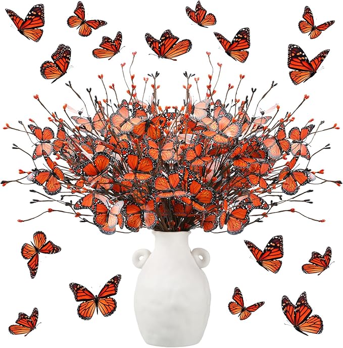 8 Pcs Monarch Butterfly Day of The Dead Decorations, Artificial Butterfly Picks Flower Bouquet for Altar Vase Filler Table Centerpiece Home Decor Halloween Floral Arrangements
