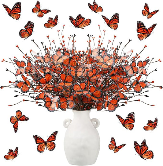 8 Pcs Monarch Butterfly Day of The Dead Decorations, Artificial Butterfly Picks Flower Bouquet for Altar Vase Filler Table Centerpiece Home Decor Halloween Floral Arrangements