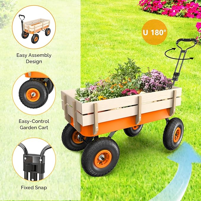 VINGLI Wagon Cart, Steel Frame and Wood Coated Railing, 330lbs All Terrain Wagon 9.2in Solid Tires for Garden and Outdoor (Orange)