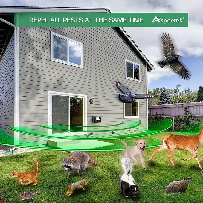 ASPECTEK Yard Sentinel Outdoor Ultrasonic Animal Repeller with Motion Sensor, Adjustable Volume, Waterproof, Extension Cord, Powerful Repel for Squirrel, Raccoon, Skunk, Rabbit, Fox, Deer, Etc