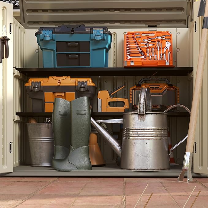 Horizontal Resin Storage Shed, 47 Cuft Garden Tool Sheds & Outdoor Storage, Outdoor Plastic Storage Cabinet Waterproof, 4.5 x 2.8 ft Backyard Outside Lawn Mower Storage Shed, Vanilla