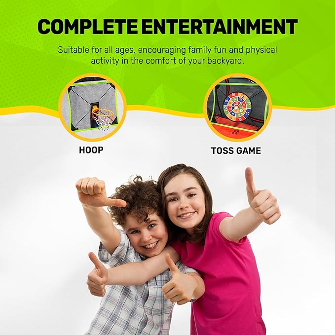 JumpKing Multi-Level Oval Trampoline with Ladder, Heavy Duty, Indoor/Outdoor with Safety Enclosure, Basketball Hoops and Toss Game Included, Durable Jumping Surface for Kids and Adults, 10ft x 17ft