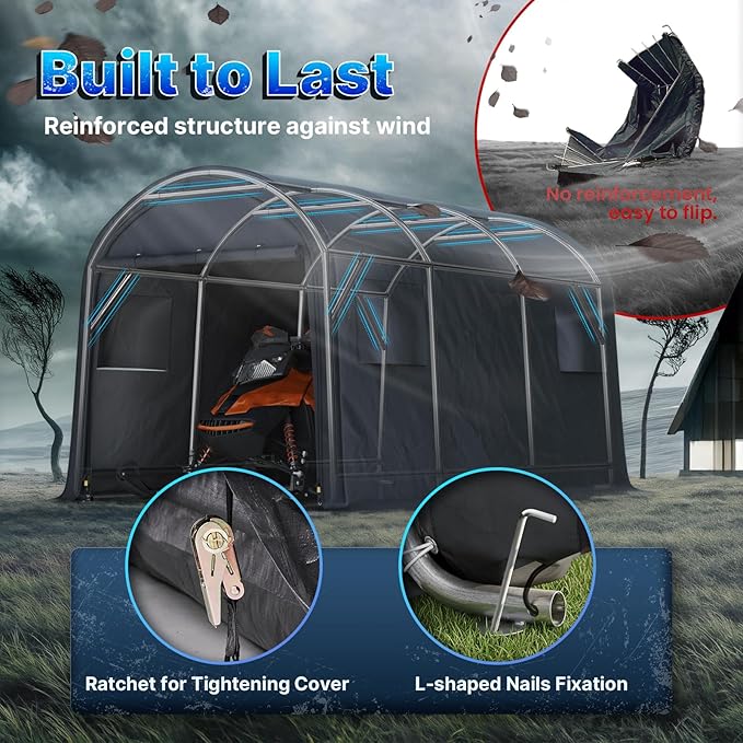 ADVANCE OUTDOOR 10x15 ft Shelter Storage Shed Steel Metal Round Peak Roof Portable Garage Carport for Motorcycle, Boat, or Garden Tools with 2 Roll up Doors & Vents, Gray