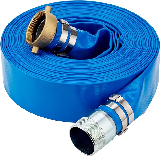 DAVCO 1.25" ID x 100 ft Pool Backwash Hose, Heavy Duty Reinforced Blue PVC Lay Flat Water Discharge Pump Hoses For Swimming Drain Pools and Clean Filters, with Brass NPT Pin Lug and KC Nipple Fittings