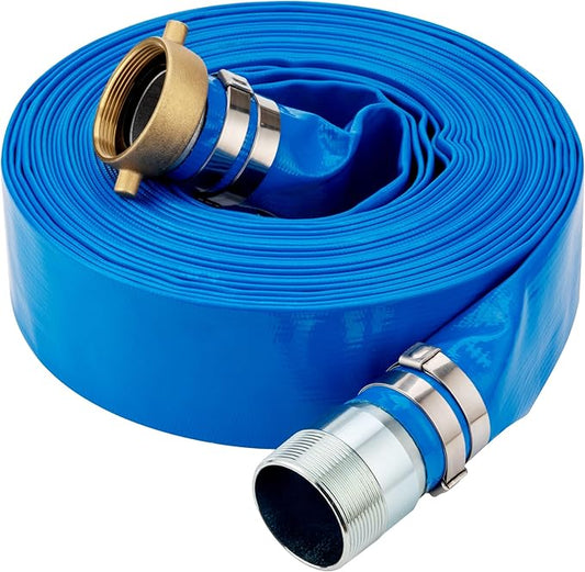 DAVCO 1.25" ID x 50 ft Pool Backwash Hose, Heavy Duty Reinforced Blue PVC Lay Flat Water Discharge Pump Hoses For Swimming Drain Pools and Clean Filters, with Brass NPT Pin Lug and KC Nipple Fittings