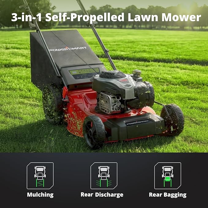 PowerSmart 21-Inch Gas Lawn Mower with B&S Engine, 3-in-1 (Bag/Mulch/Rear Discharge), Self-Propelled, 6 Cutting Heights, Durable Steel Deck, Rear-Wheel Drive