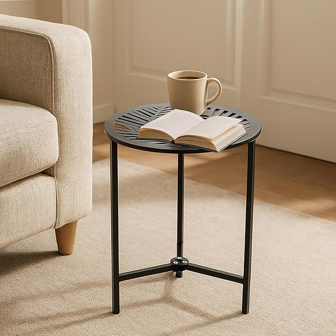 2 Packs 13" Metal Outdoor Side Tables Small Black Outside End Table for Patio Round Accent Corner Stand for Small Spaces Weather-Resistant Coffee Table for Balcony Porch Plant Stand, Pinna Form Leaf