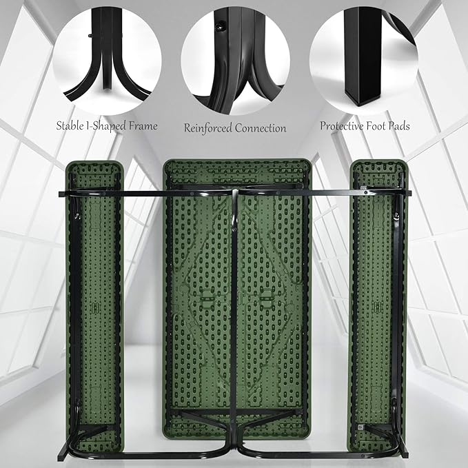 Giantex Picnic Table Bench Set Outdoor Camping All Weather Metal Base Yard Pool Dining Party Garden Patio Lawn Deck Large Camping Table (Green)