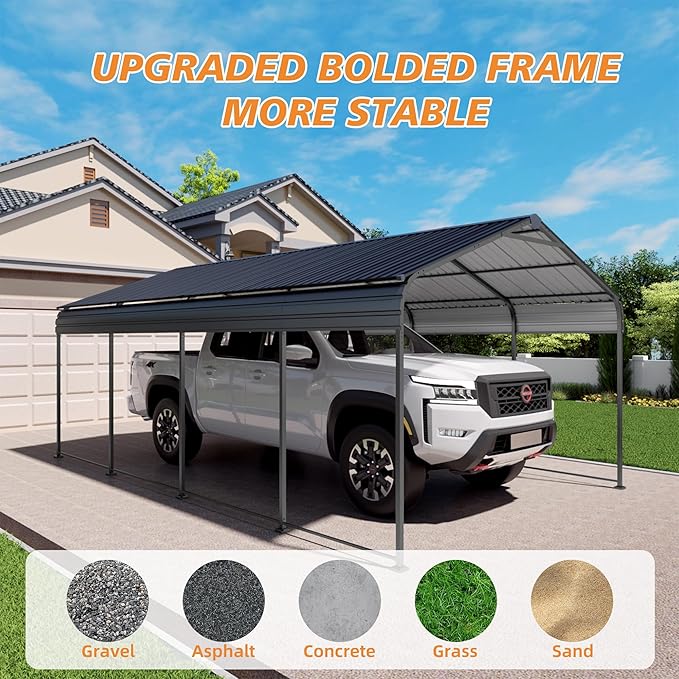 12x20 FT Heavy Duty Metal Carport with Galvanized Steel Roof with Enhanced Base Outdoor Car Port Shelter for Cars, Trucks and Boats