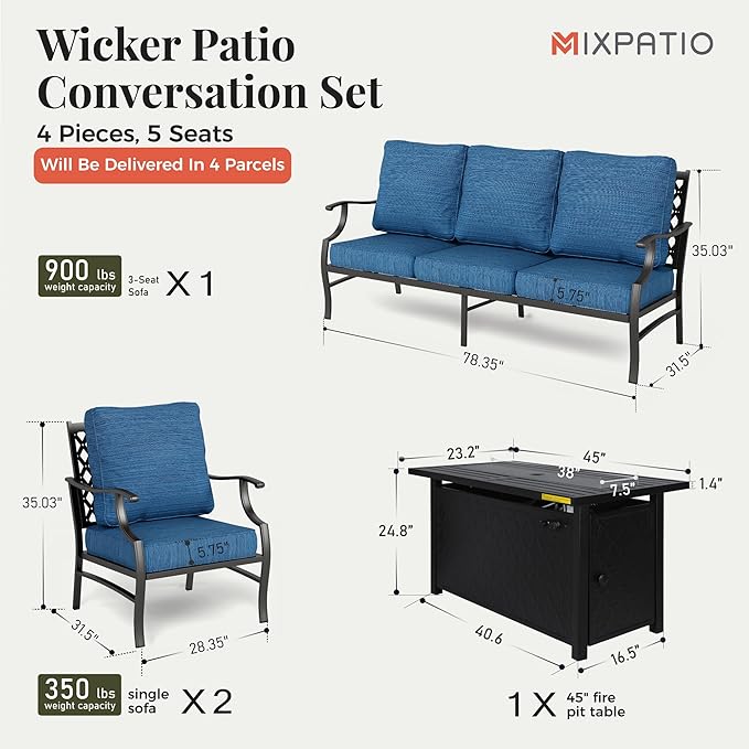 Patio Furniture Set, 4 Pcs Metal Outdoor Conversation Set, 2 Single Chairs and 3 Seater Sofa with 5.75" Extra Thick Cushion and Gas Fire Pit Table for Backyard Deck, Gemstone Blue