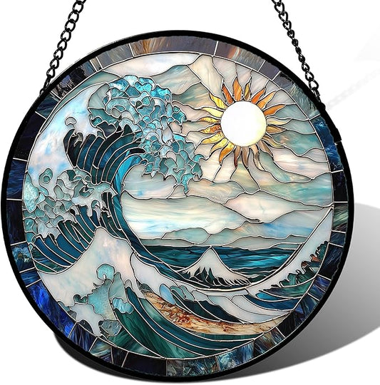 Stained Glass Window Hanging - White Sun Big Wave Suncatcher for Door Terrace Garden Home Decor Blue Ocean Landscape Sun Catcher Birthday Gifts for Lovers Women Men Dad Mom Nana 11.8 in