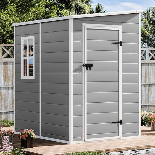 Resin Outdoor Storage Shed with Floor 5x4 FT Waterproof Plastic Sheds Kit Window Lockable Door Included, Outside Garden Tools Sheds for Backyard Patio