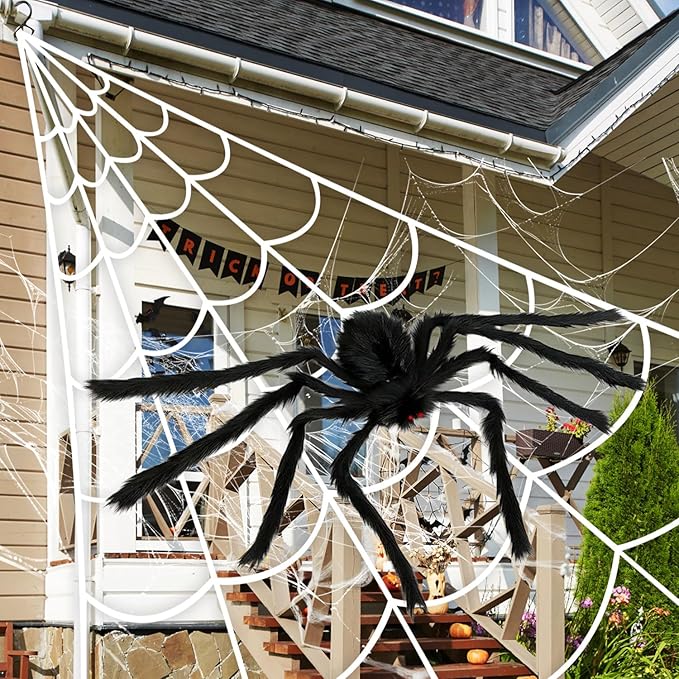 276" Halloween Spider Web 59" Giant Spider Decorations 20 Fake Spiders with Triangular Huge Spiders Web for Yard Lawn Garden Patio Scary Outside Decor-Indoor Haunted House Prop Party Halloween Décor