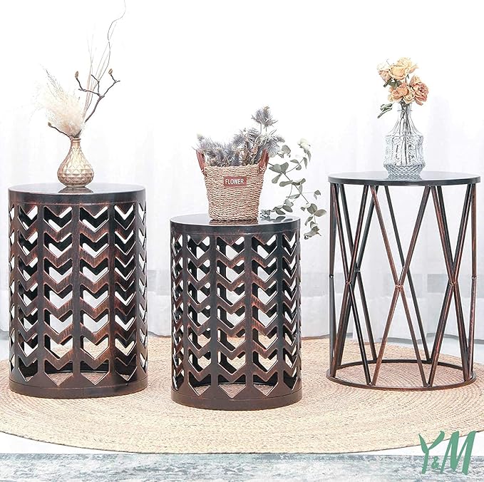Y&M Set of 3 Black with Bronze End Tables, Nesting Metal Round Coffee Table, Heavy Duty Metal Plant Stand Garden Stool, Outdoor Multifunctional Use