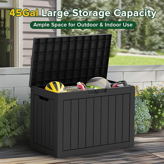 45GAL Black Outdoor Storage Deck Box with Secure Lock Hole - Weatherproof, SGS Certified UV Resistance, Suitable for Pool Toys and Patio Decor Storage, Features Sturdy Side Handles for Easy Transport