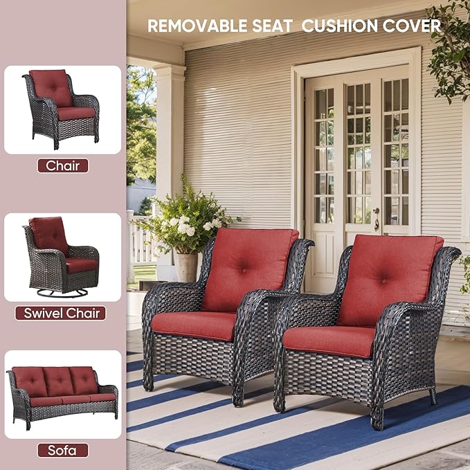 9-Piece Outdoor Patio Cushion Set - Fade & Water Resistant with Removable Olefin Cover, 22x24x4 Inch Memory Foam Cushions for Wicker Sectional Sofa – Red/Buckle