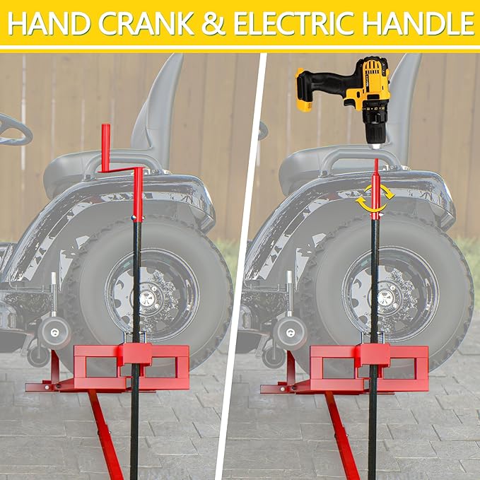Ride-On Lawn Mower Jack Lift - Telescopic Maintenance Jack for Garden Tractors and Riding Lawn Mowers, 880 lbs Weight Capacity, Manual and Power Tool Handles Included