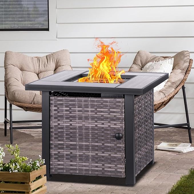 30" Propane Fire Pit Table with Real Ceramic Tabletop & Ratten Side Panel, 50000 BTU Gas Firepit Table with Lid & Glass Rock, Outdoor Fire Pit for Dining or Party, Firepit for Outside, Patio