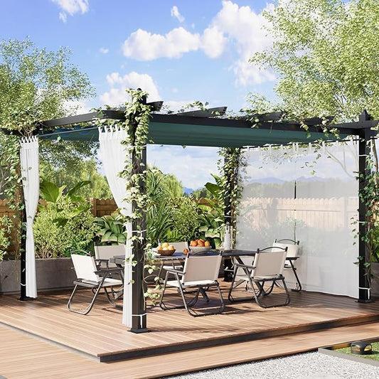 10x13 Ft Outdoor Aluminum Pergola, Upgraded Grey Retractable Pergola with Adjustable Roof & Side Mesh Screen, Modern Metal Patio Gazebo for Deck, Backyard, Porch, Vineyards, Blue + White