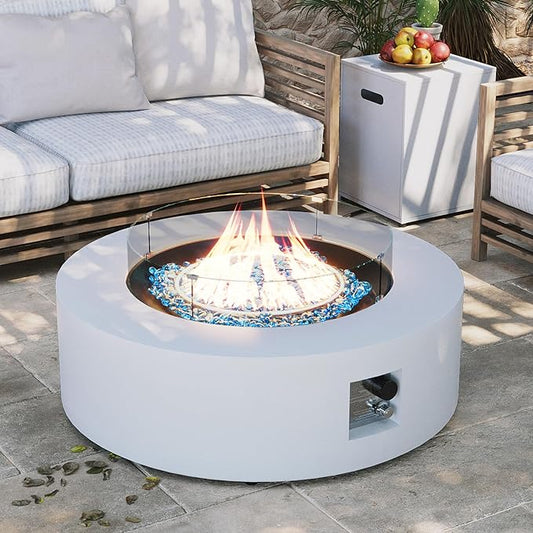 UPHA 42-inch Outdoor Propane Gas Fire Pit Table 50000 BTU Iron Round Firepit for Outside Patio with Tank Hidden Table, Wind Guard, Removable Lid, Blue Glass Rocks, Rain Cover, White