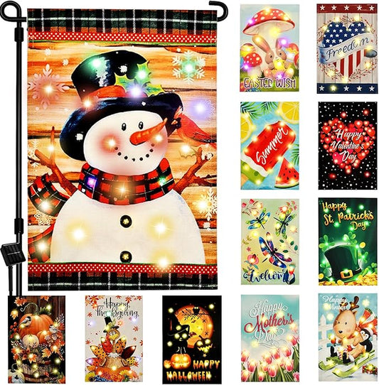 Solar Seasonal Garden Flags Set of 12, Lighted 12×18 Double-Sided Yard Flags for Outside Halloween Christmas Fall Thanksgiving Day Decorations Welcome Flag Outdoor Holiday Decor