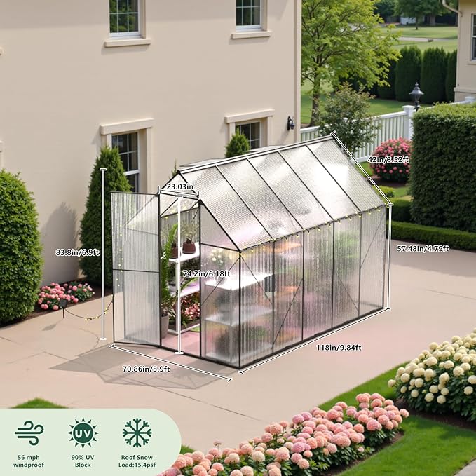 6x10 FT Green House for Outside, Greenhouse for Outdoor, Backyard Green House, Walk-in Garden Greenhouse, Heavy Duty Polycarbonate Greenhouses
