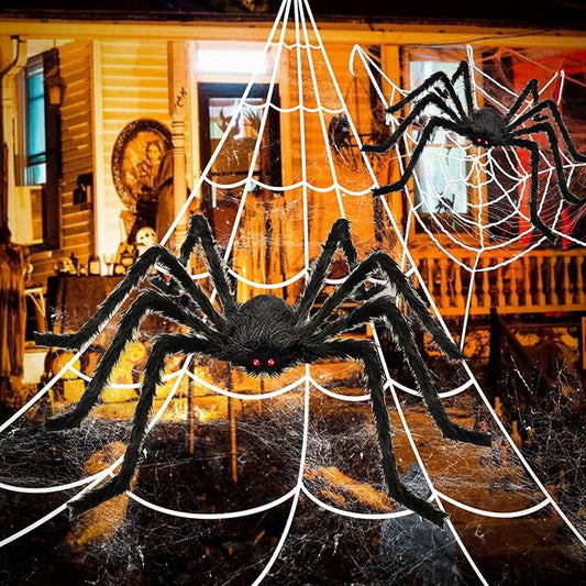 Halloween Decorations, 2Pcs 50'' Giant Spider + 200'' Triangular Spider Web and 100'' Round Spider Web, with Hook, Stretch Web and Ground Pile for Indoor Outdoor Halloween Decor Haunted House Props