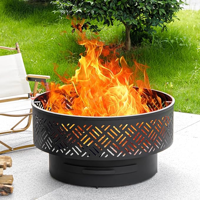 26" Wood Burning Fire Pits with Grill & Lid, Fire Pit Table for Outside with Waterproof Cover & Fire Poker, Outdoor Firepit with Functions for BBQ,Table and Bonfire