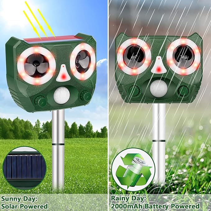 Solar Ultrasonic Animal Repellent, Waterproof Cat Deterrent Outdoor Solar Animal Repeller Motion Detection, Deer Repellent Devices Repel Cat Squirrel Rabbit Bird Dog Raccoon Skunk for Yard Farm Garden